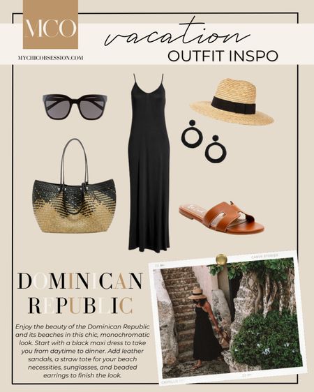 Enjoy the beauty of the Dominican Republic and its beaches in this chic, monochromatic look. Start with a black maxi dress to take you from daytime to dinner. Add leather sandals, a straw tote for your beach necessities, sunglasses, and beaded earrings to finish the look. 

#LTKSeasonal #LTKtravel #LTKstyletip