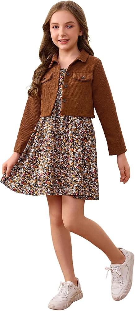 OYOANGLE Girl's 2 Pieces Floral Cami Skirts Dress and Button Down Long Sleeve Jacket Sets | Amazon (US)