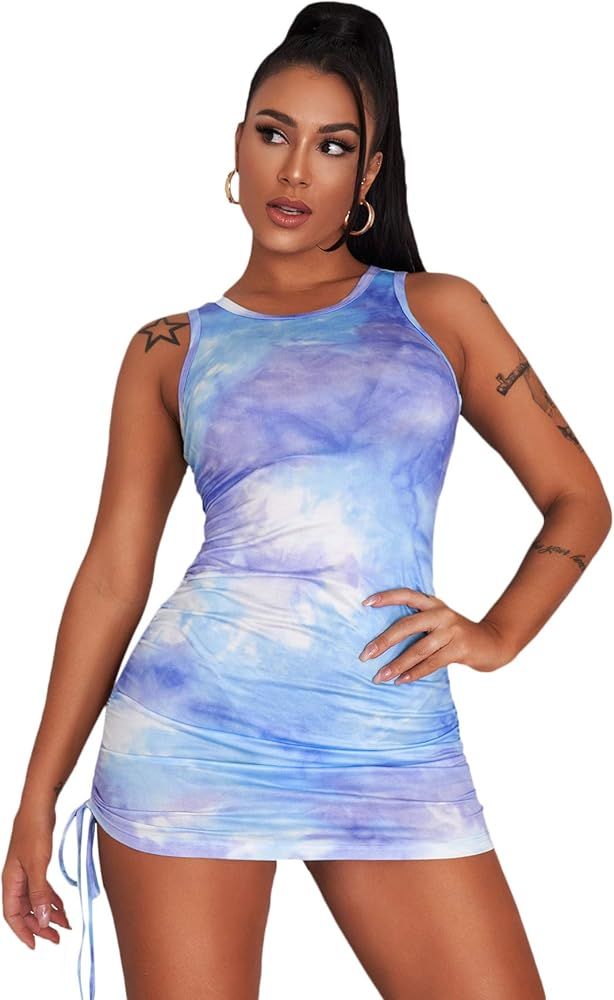 Verdusa Women's Ruched Drawstring Bodycon Dress Sleeveless Rib Knit Bodycon Tank Dress Solid | Amazon (US)