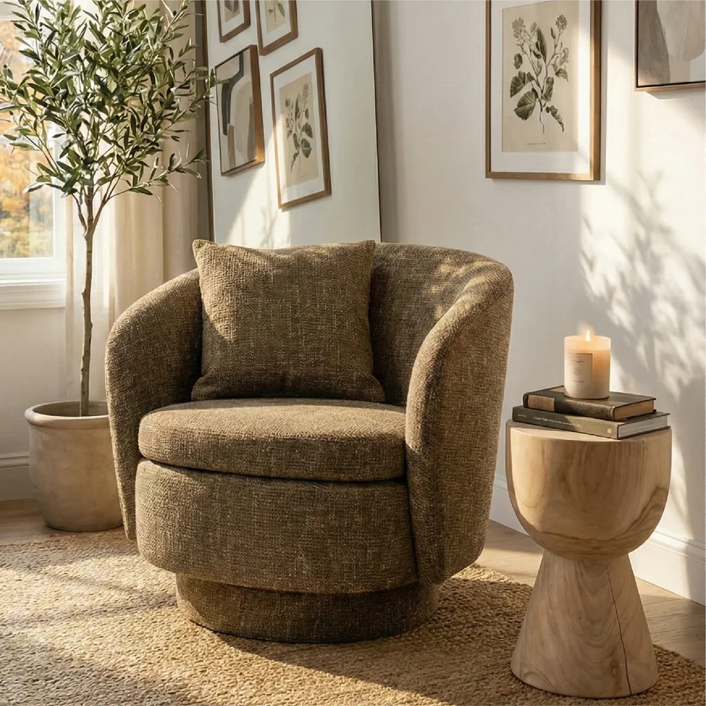 Hera Upholstered Swivel Barrel Chair (1-Piece) | Pop Maison