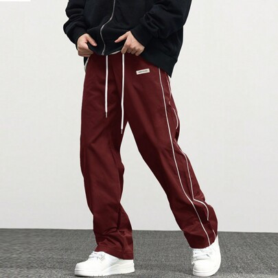 Loose Fit Men's Letter Patched Detail Contrast Piping Drawstring Waist Pants | SHEIN