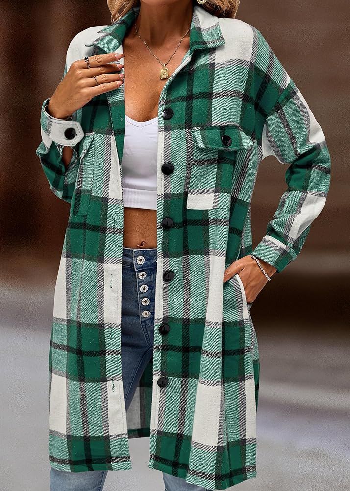 KIRUNDO Women's 2023 Fall Winter Flannel Plaid Shirts Jacket Casual Long Sleeve Boyfriend Button Down Shacket Coats | Amazon (US)