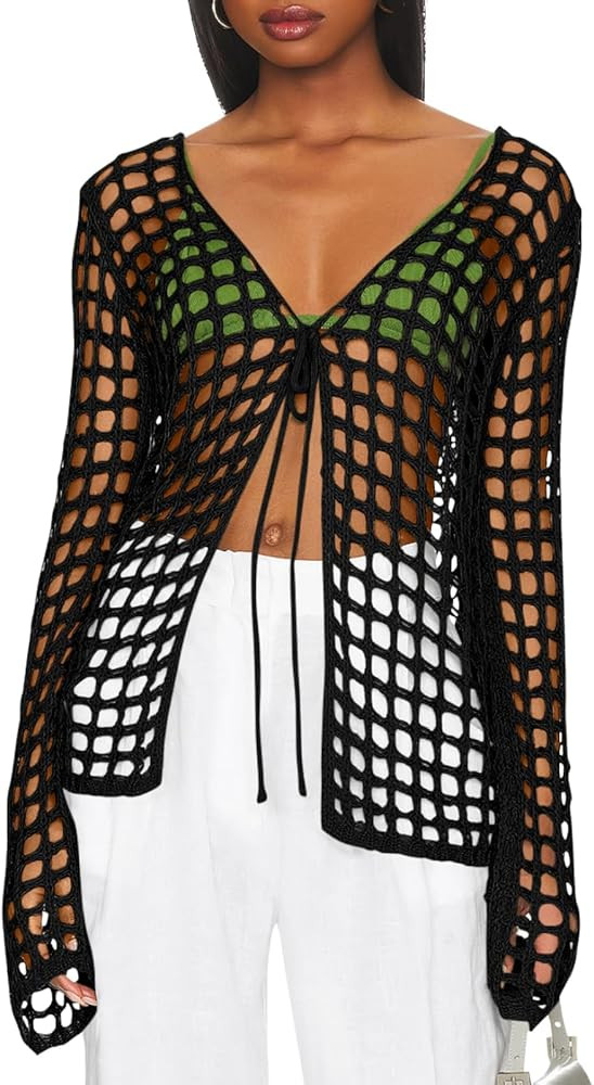 Saodimallsu Womens Long Sleeve Swimsuit Coverup Crochet Hollow Out Tie Front Swim Cover Up Knit C... | Amazon (US)