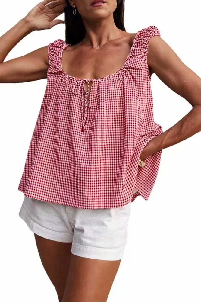 Women Tie Front Tank Tops Summer Sleeveless Square Neck Babydoll Shirts Casual Flowy Pleated Ruff... | Amazon (US)