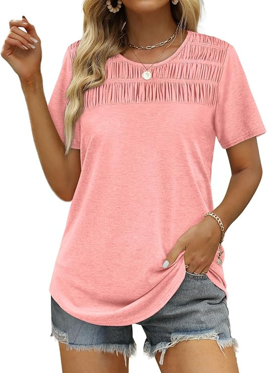 OFEEFAN Women's Summer Tops 2025 Trendy Short Sleeve Shirts Smocked Crewneck Tee | Amazon (US)
