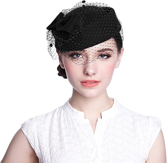 Pillbox Hat, Wedding Hat Caps with Veil Vintage Bow Fascinator Hats Caps for Women A Black | Amazon (US)