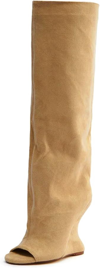 Yishaweiqi Camel Suede Knee High Boots for Women Pull On Peep Toe Wedge Boots Open Toe Summer Boo... | Amazon (US)