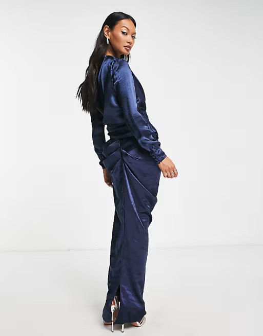ASOS DESIGN satin high drape neck maxi dress with long sleeves in navy | ASOS (Global)
