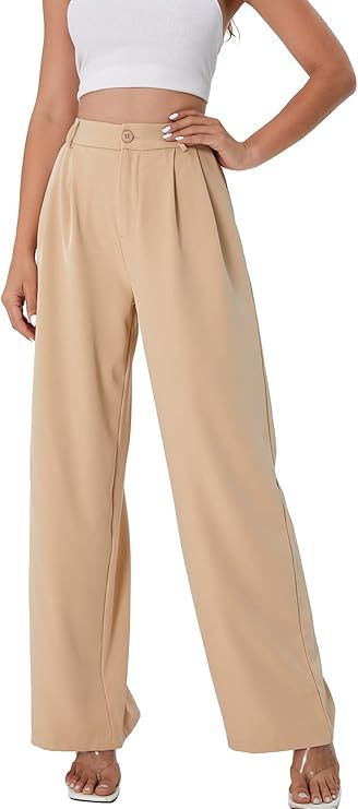 SweatyRocks Women's Casual Wide Leg High Waisted Button Down Straight Long Trousers Pants | Amazon (US)