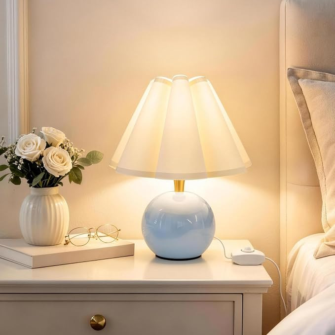 Bedside Table Lamp, Ceramic Stepless Dimmable Lamp with Scalloped Fabric Shade,Decorative Accent ... | Amazon (US)