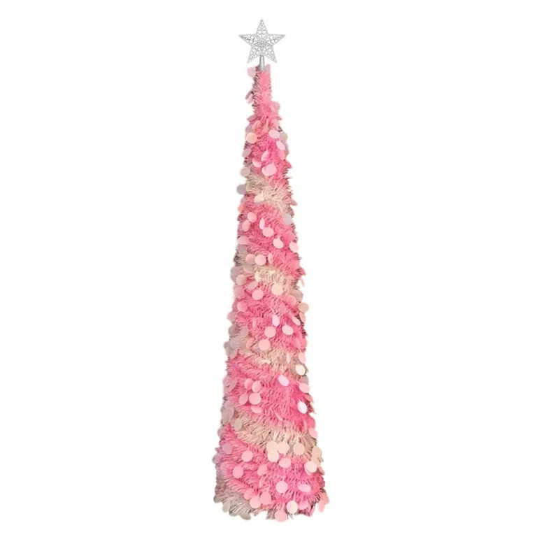 Poping Up Christmas Tree, 5FT Collapsible Artificial Pink Christmas Trees with Lights Switch&Time... | Walmart (US)