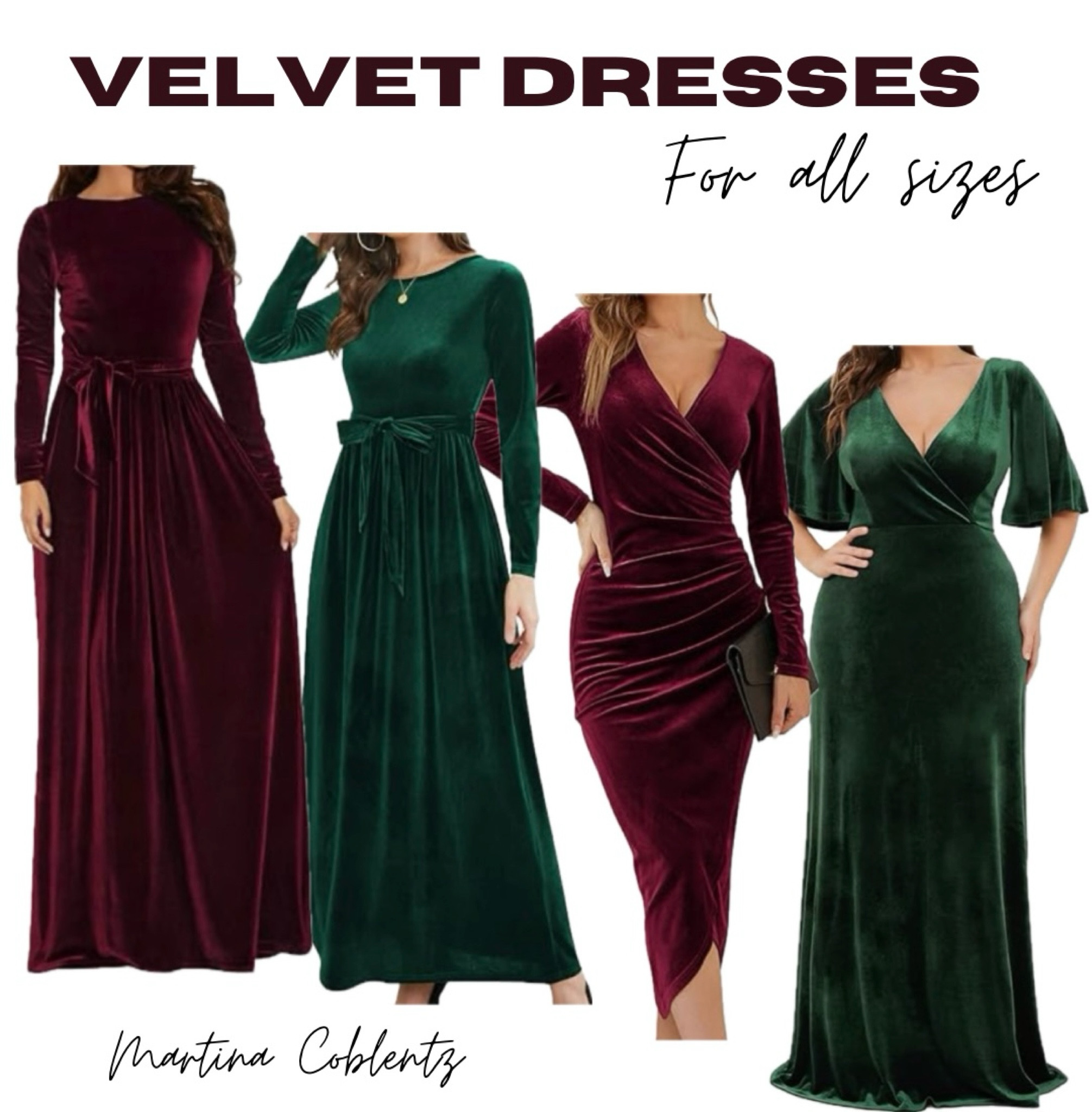 Velvet holiday dresses for all sizes.
•check out my dresses+ skirt product highlight for more velvet dresses 

•dress •velvet dress •holiday dress •holiday guest •plus size •midsize •petite •modest dress •long sleeve dress •trending •Christmas 2023 •Christmas dress 

#LTKparties #LTKHoliday #LTKplussize