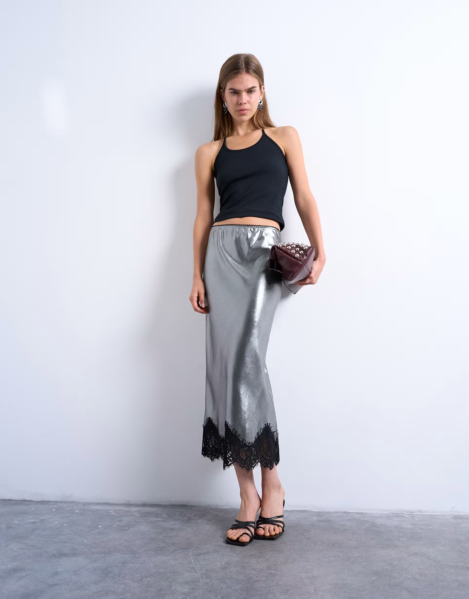 Topshop metallic lace hem midi skirt in silver | ASOS | ASOS (Global)