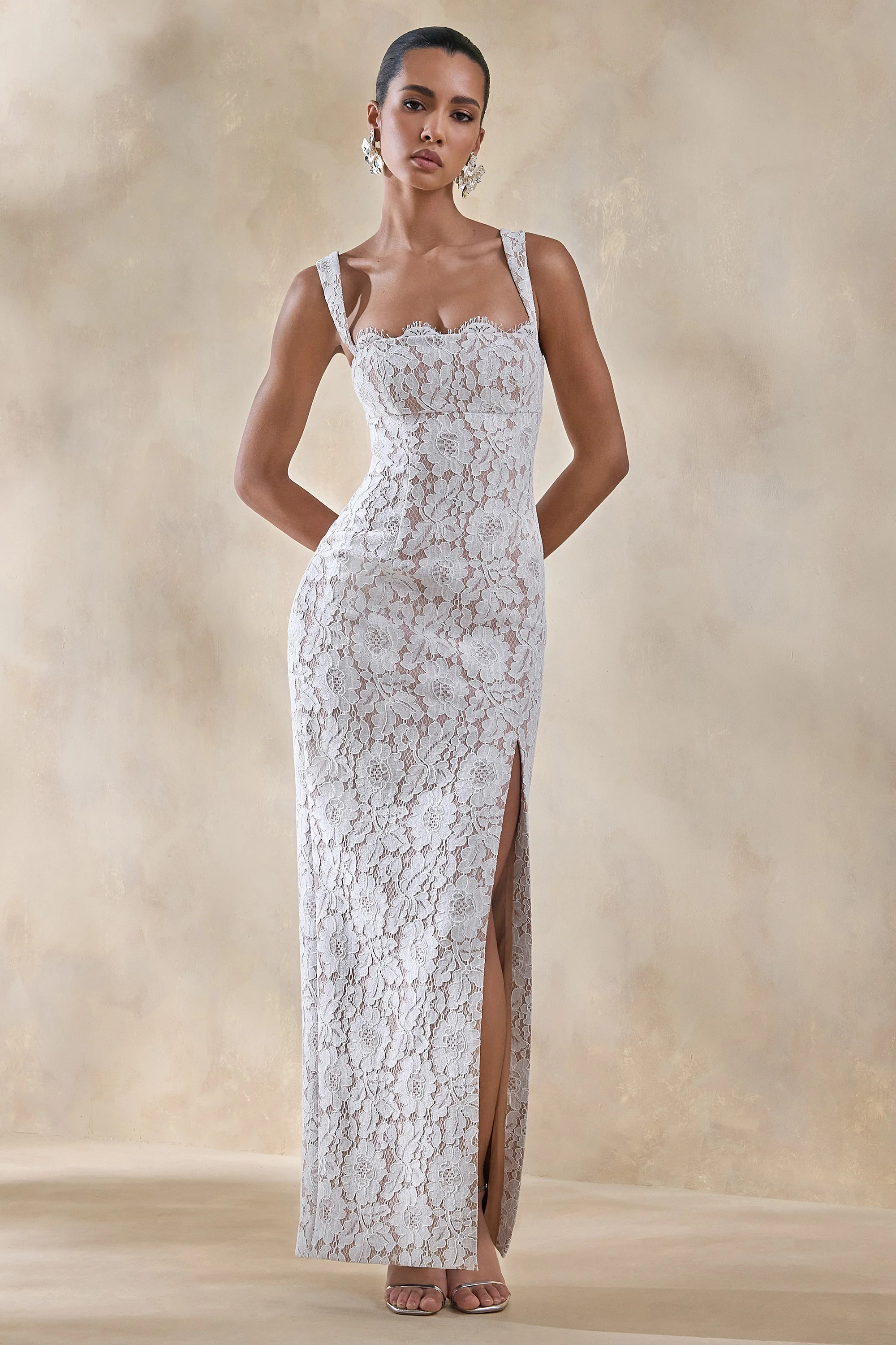 Zarisse | White Lace Square-Neck Maxi Dress | Club L London