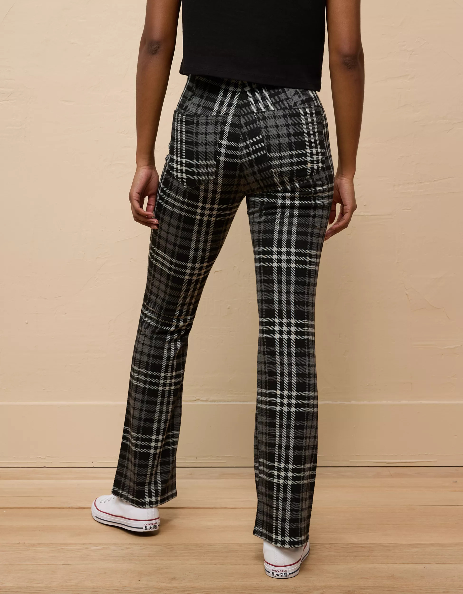 AE It Knit Pull-On High-Waisted Kick Boot Plaid Pant | American Eagle Outfitters (US & CA)