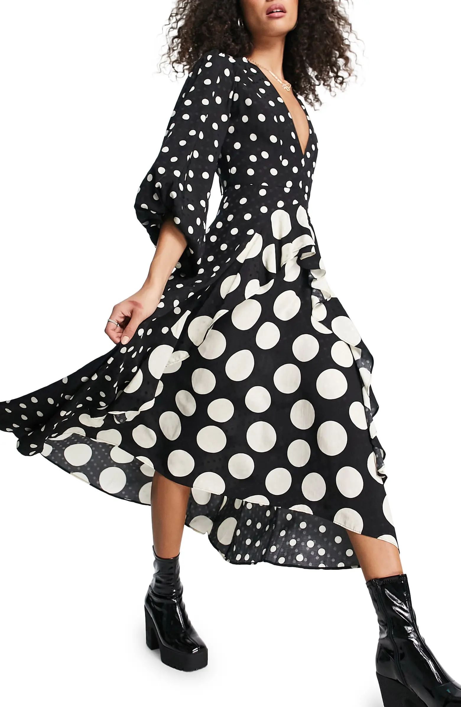 Topshop Mixed Spot Long Sleeve Ruffle Dress | Nordstrom | Nordstrom