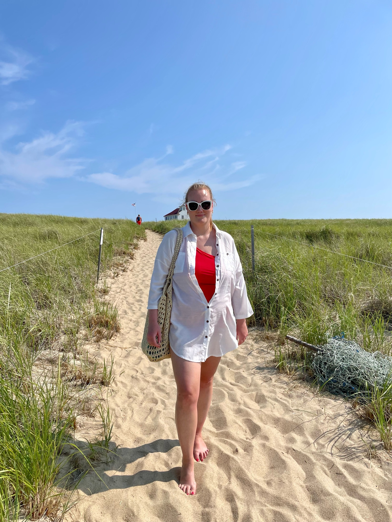 White beach coverup, coverup, red bathing suit, seashell necklace. 

#LTKFindsUnder50 #LTKSeasonal #LTKSwim