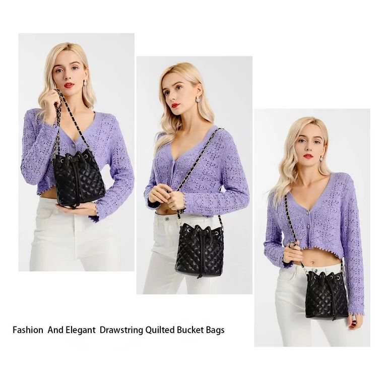 POPPY Women's Vegan Leather Quilted Crossbady Shoulder Purse Drawstring Bucket Bag Messenger Bag | Walmart (US)