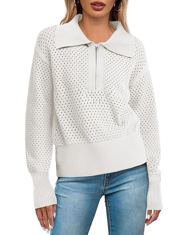 Women's Half Zip Pullover Sweaters Crochet Lapel Collar Long Sleeve Knit Solid Color Jumper Tops | Amazon (US)