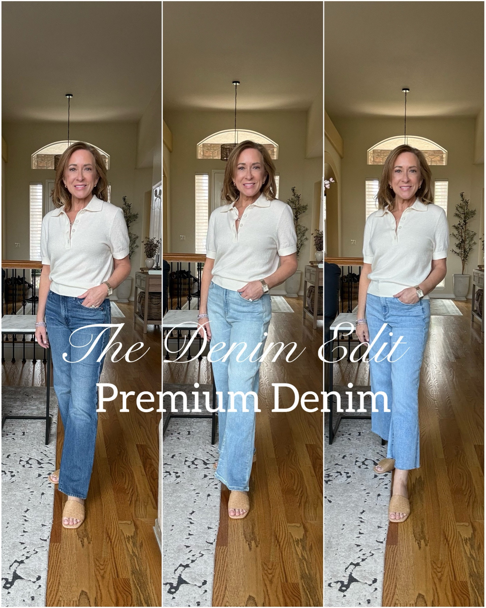 Premium denim really does make a difference. 👖✨ I’m sharing 3 different styles, each with its own fit and feel—but all with that elevated look and quality you can wear for years.

Which style would you choose: 1, 2, or 3? 🤍

For reference I am 5’0” I had the 1st pair hemmed, and the last pair I cut to the length that suited me. 
@Paige @Frank & Eileen

#LTKootd #LTKOver40 #LTKPetite