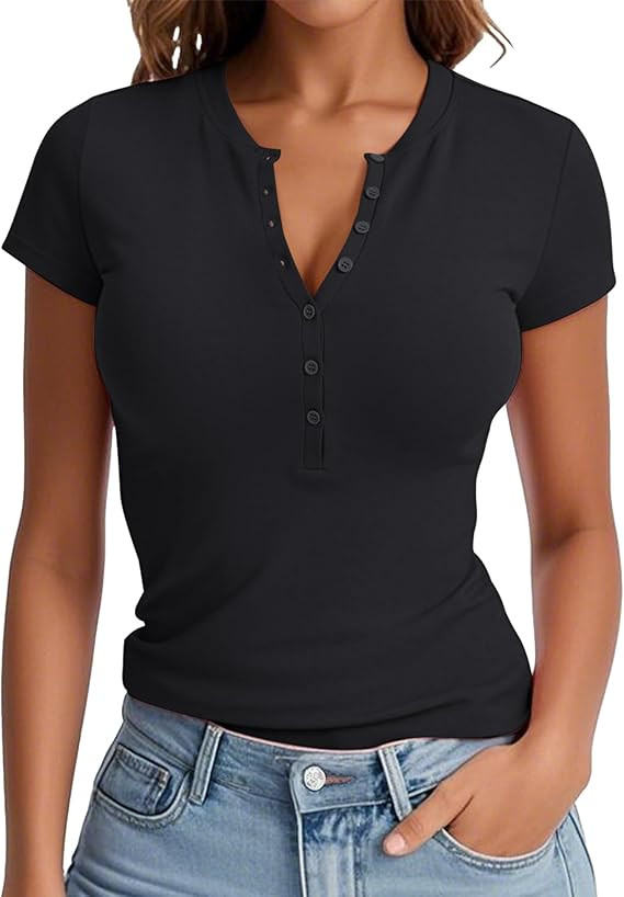 Prettywear Womens 2025 Summer Casual Basic Tops Short Sleeve V Neck Fitted Button Up Henley Shirt... | Amazon (US)