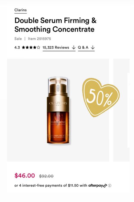 50% OFF TODAY!!

Clarins No. 1 bestselling anti-aging serum Double Serum Firming & Smoothing Concentrate is a 2-in-1 formula packed with 21 plant extracts to effectively target wrinkles and boost radiance.

#LTKbeauty #LTKsalealert #LTKSpringSale