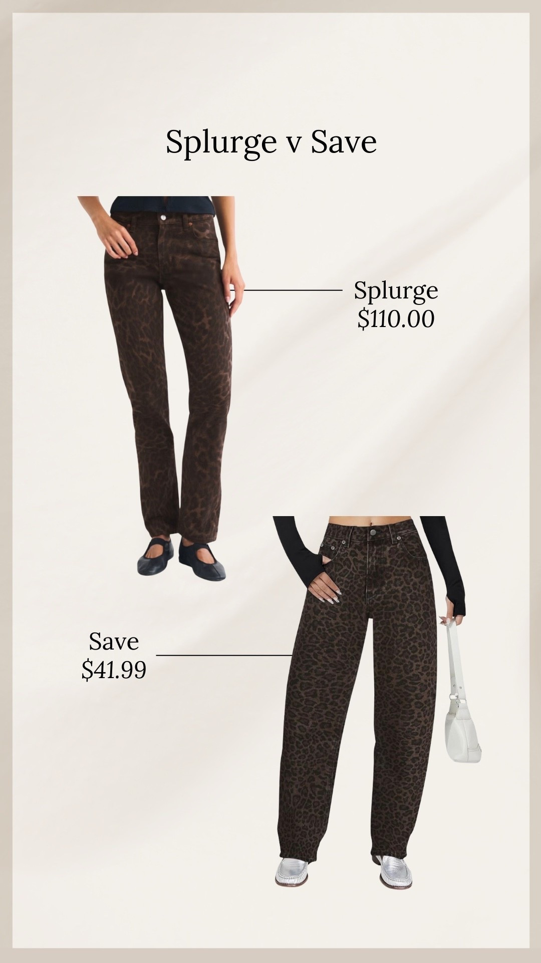 Leopard print jeans - a go-to fall “neutral” to dress up or down! Splurge v Save 🐆🤎

#LTKStyleTip #LTKFindsUnder50 #LTKSeasonal