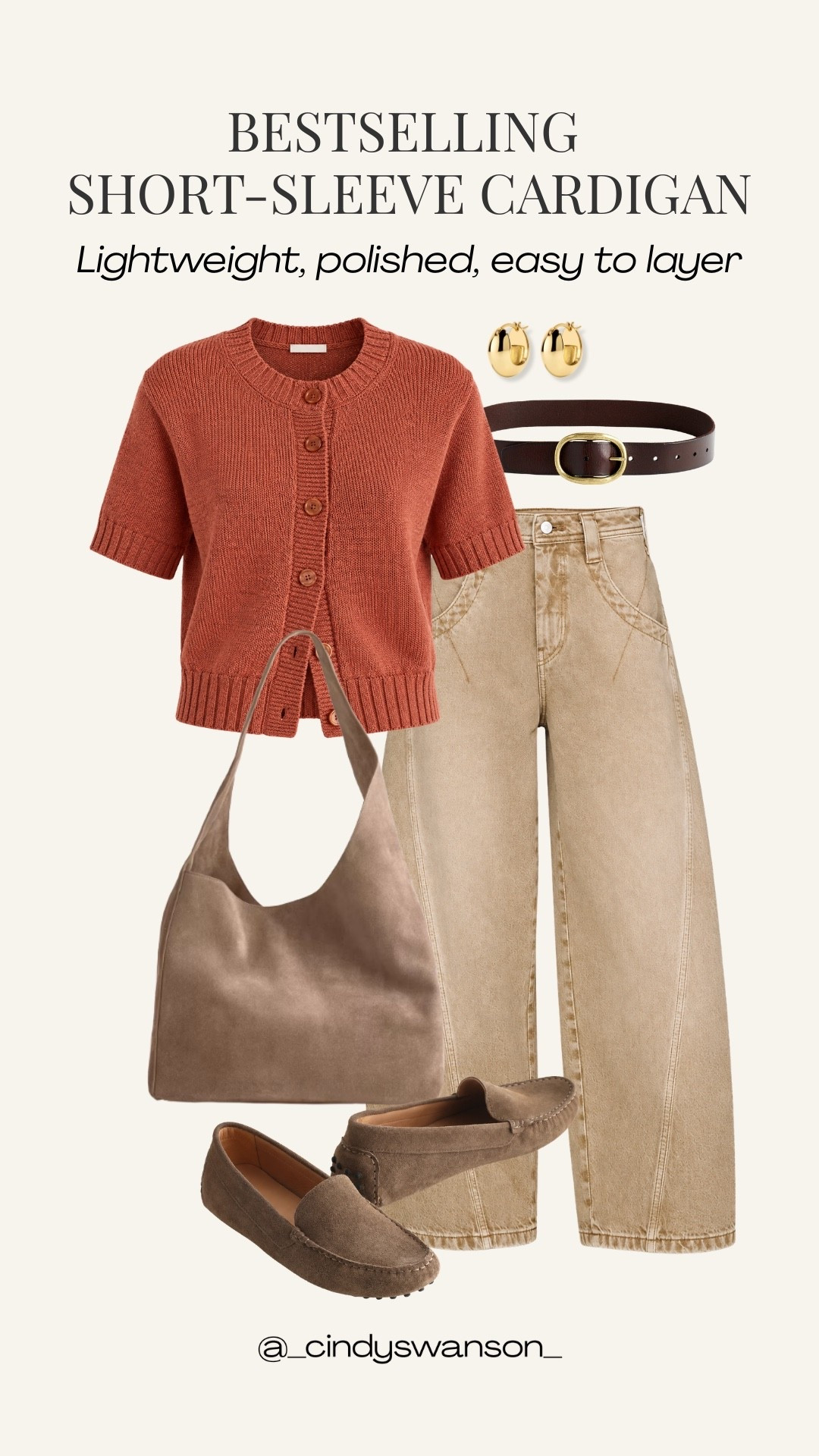 This bestselling short-sleeve cardigan is such a lovely way to add a little polish without feeling overdressed. I love the warm rust color with these neutral wide-leg jeans, suede loafers, and a simple leather belt—a timeless combination that works beautifully for everyday plans and transitional weather.

#LTKgrwm #LTKootd #LTKOver40