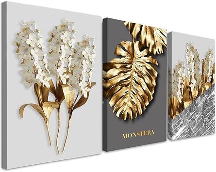 QTESPEII Large Modern Canvas Wall Art Hyacinth Painting White Flower Gold Leaf Canvas Prints for ... | Amazon (US)