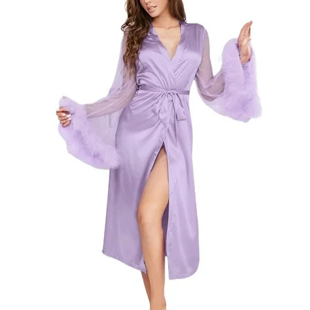 CenturyX Silk Dressing Gown for Women Kimono Style Feather Cuffs Sleepwear Bathrobe Lace Up Nightwea | Walmart (US)
