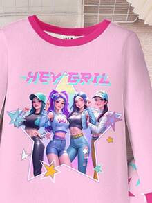 2pcs/Set Toddler Girls Cartoon Girl Print Crew Neck Top And Colorful Star Print Leggings, Pink An... | SHEIN