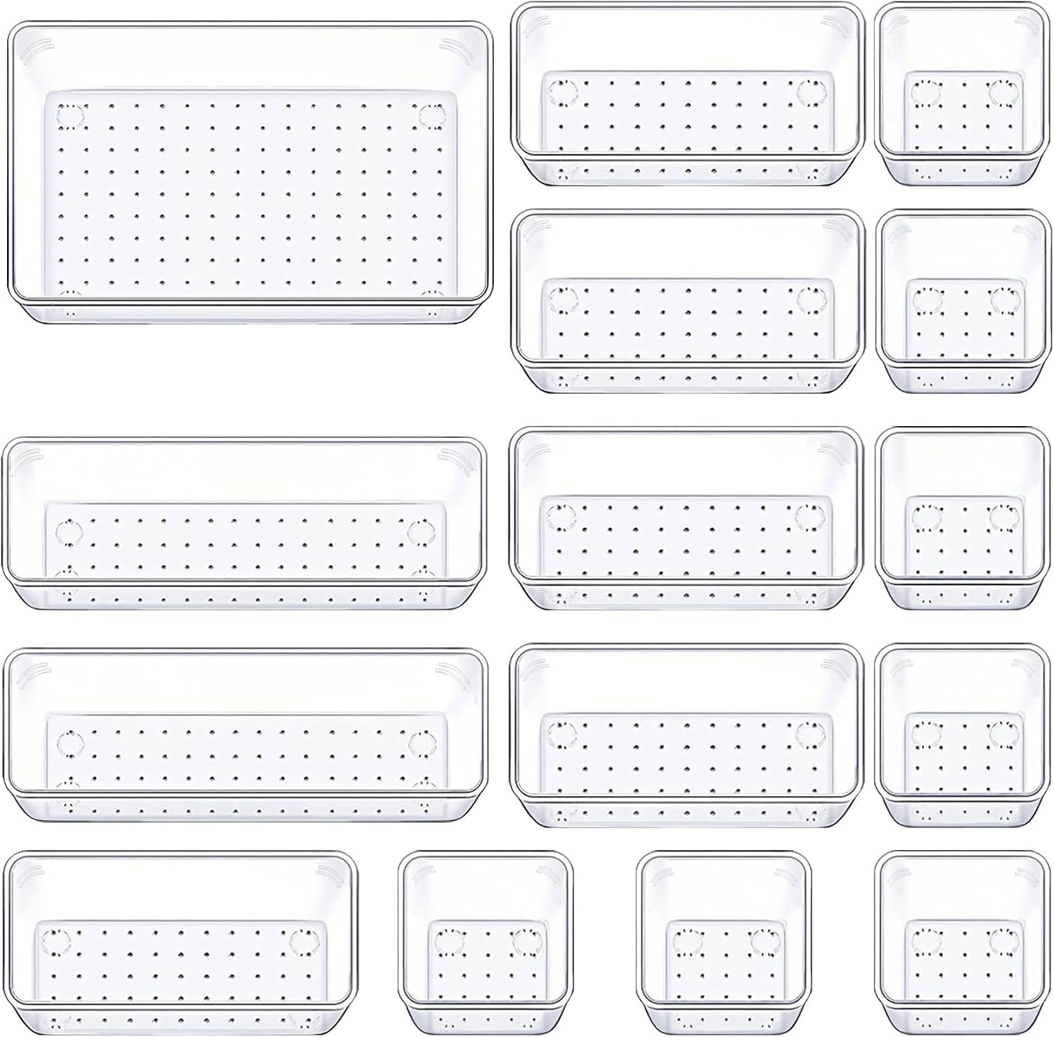 Manalete Drawer Organizers Set of 15, 4 Sizes Clear Plastic Drawer Organizers and Storage Bins for Kitchen, Bathroom, Office, Dresser Desk Drawer Organizer Tray for Jewelry, Makeup, Junk, Gadgets | Amazon (US)