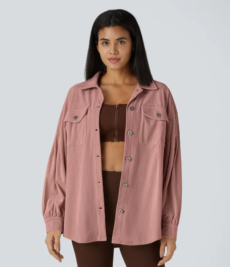 Women’s Collared Button Pocket Long sleeve Curved Hem Corduroy Casual Jacket - Halara | HALARA