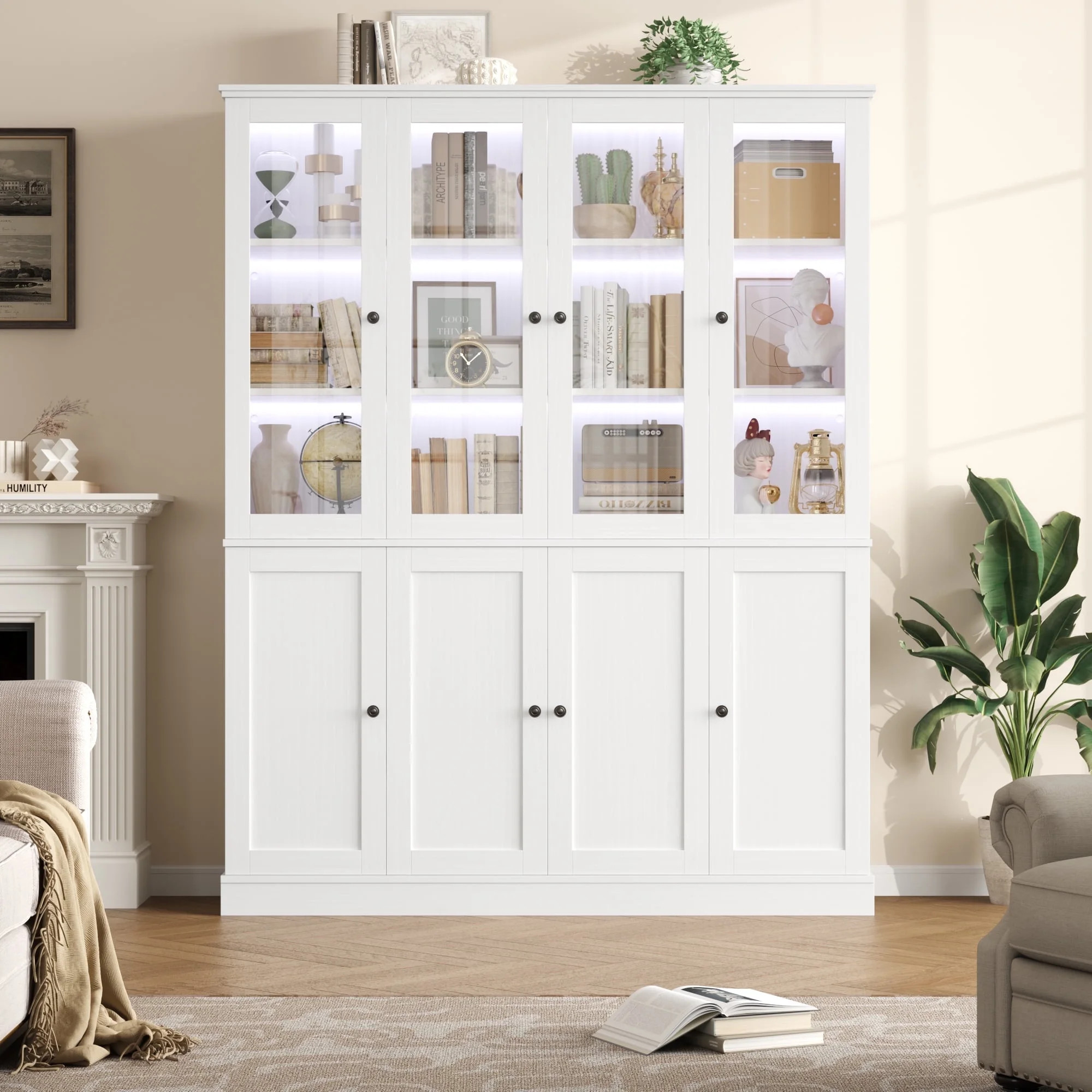 Homfa Kitchen Pantry Cabinet with Glass Doors, 74‘’ Tall Display Cabinets with LED & Adjustab... | Walmart (US)