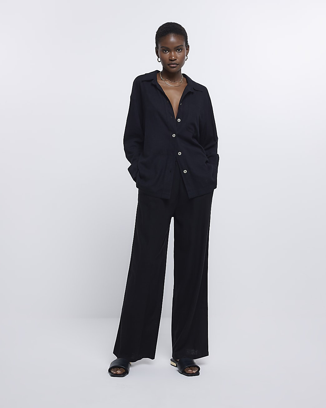 Black wide leg trousers with linen | River Island (UK & IE)