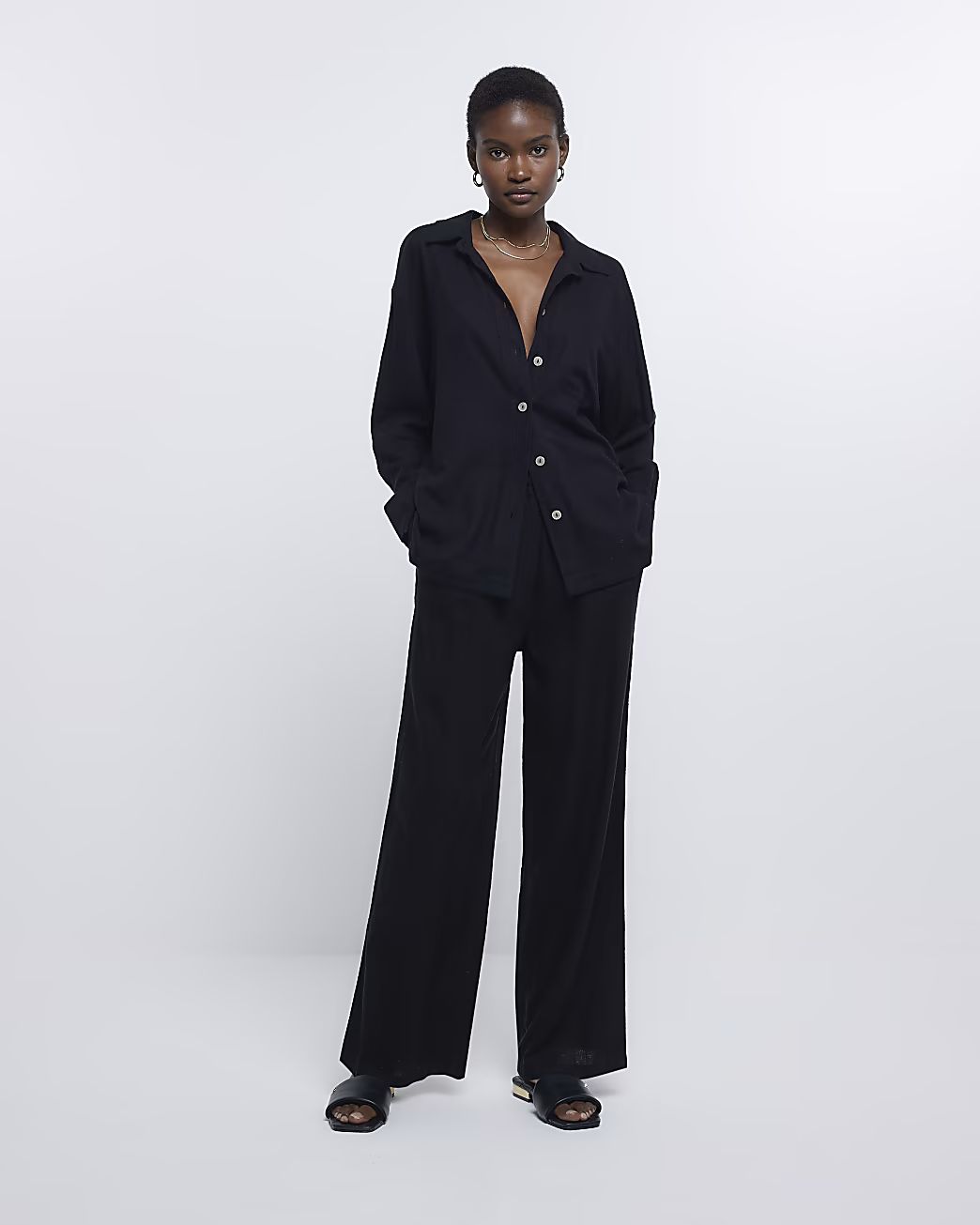 Black wide leg trousers with linen | River Island (UK & IE)