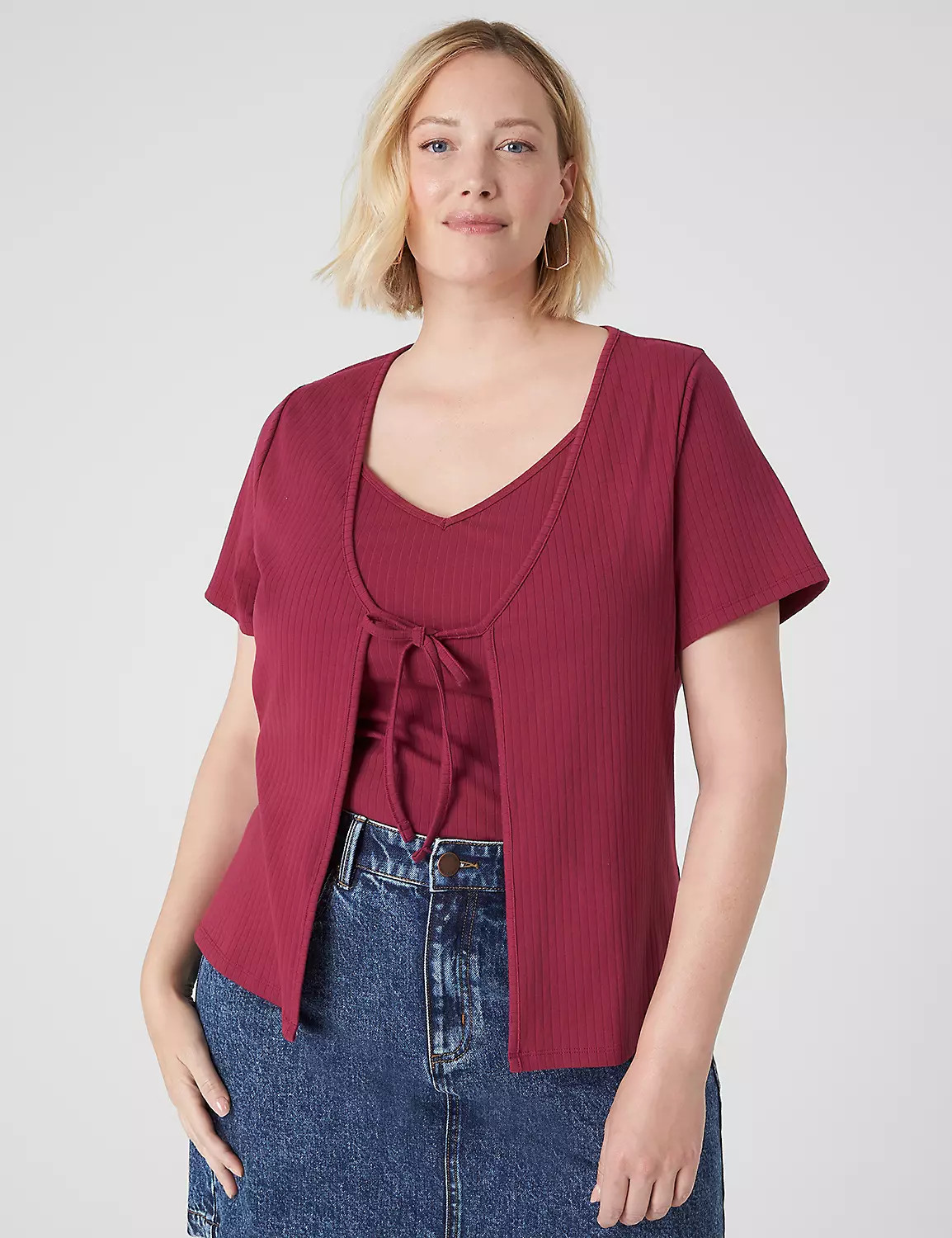 Short-Sleeve Tie-Front Rib Overpiece | LaneBryant | Lane Bryant (US)