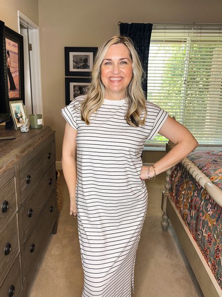 A Tshirt dress is a must have for any capsule wardrobe. This striped, maxi one is perfect for spring & summer. Can easily be dressed up or down & looks great with a blazer or jacket, tennis shoes or sandals.  Wearing XS
.
.
Over 50, over 40, classic style, preppy style, style at any age, ageless style, striped shirt, summer outfit, summer wardrobe, summer capsule wardrobe, Chic style, summer & spring looks, backyard entertaining, poolside looks, resort wear, spring outfits 2024 trends women over 50, white pants, brunch outfit, summer outfits, summer outfit inspo, affordable, style inspo, street  wear, dress, heels, sandals, comfy, casual, over 40 style, over 50, Walmart finds, coastal inspiration, beachy, elevated casual, casual luxe, neutrals, essentials, capsule items