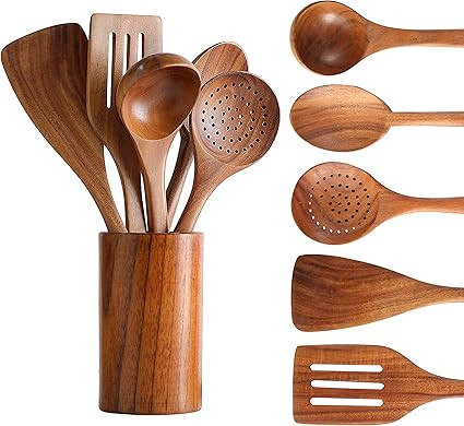 Wooden Spoons for Cooking, Tmkit Cooking Utensils Set of 6 Natural Teak Wooden Cooking Spatulas w... | Amazon (US)