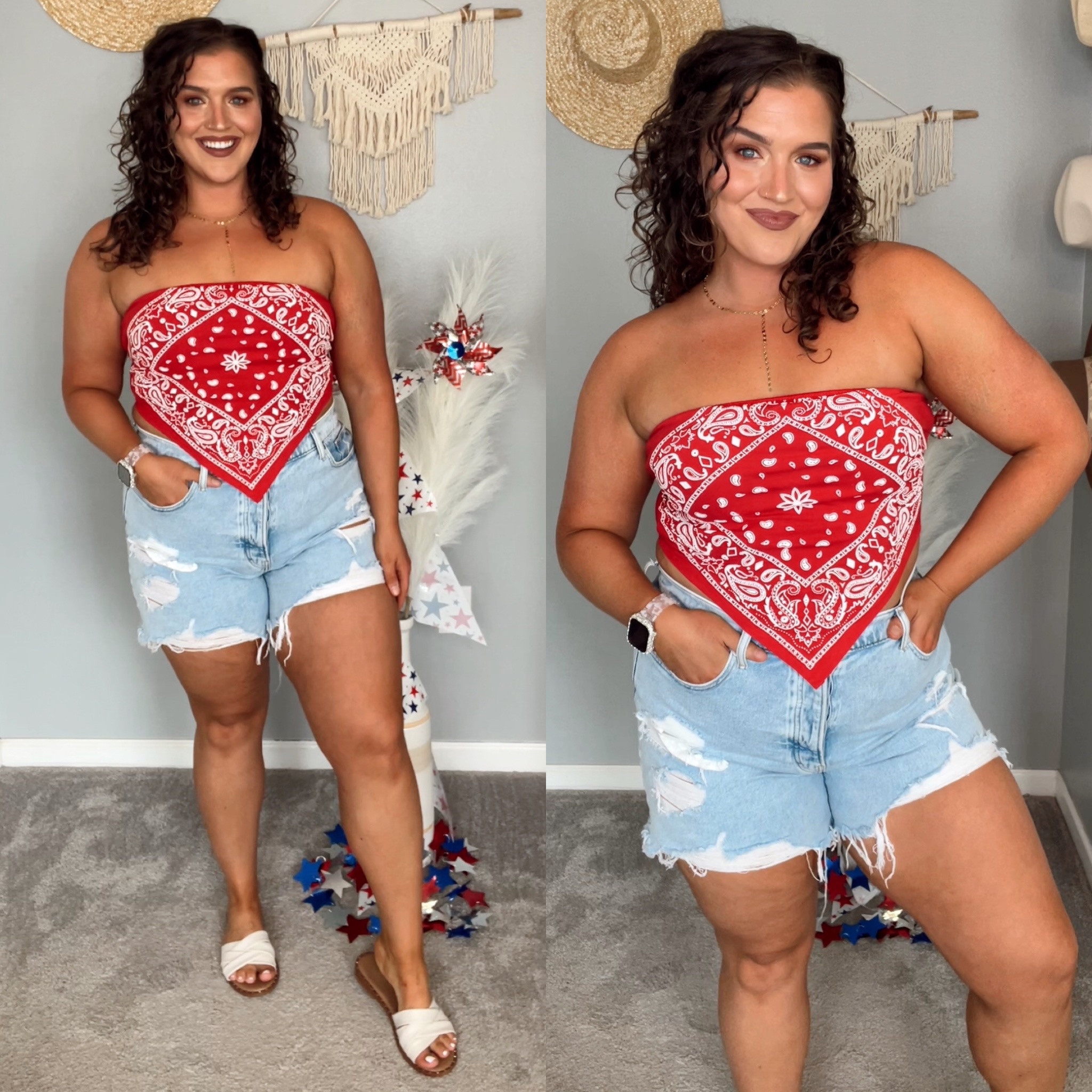 Midsize 4th of July outfit inspo 🧨🇺🇸✨
Bandana top + jean shorts 
Top: L 
Shorts: 32 
#midsizeoutfits #ootd #casualoutfits #july4th #fourthofjuly #styleinspo #jeanshorts #denimshorts #bandanatop #sandals #summerstyle #countryconcert 

#LTKcurves #LTKSeasonal #LTKstyletip