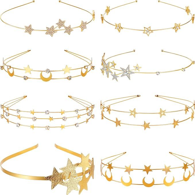 8 Pcs Star Headbands Alloy Five Pointed Star Headpieces Star Moon Bridal Hair Hoop Double Wire Go... | Amazon (US)
