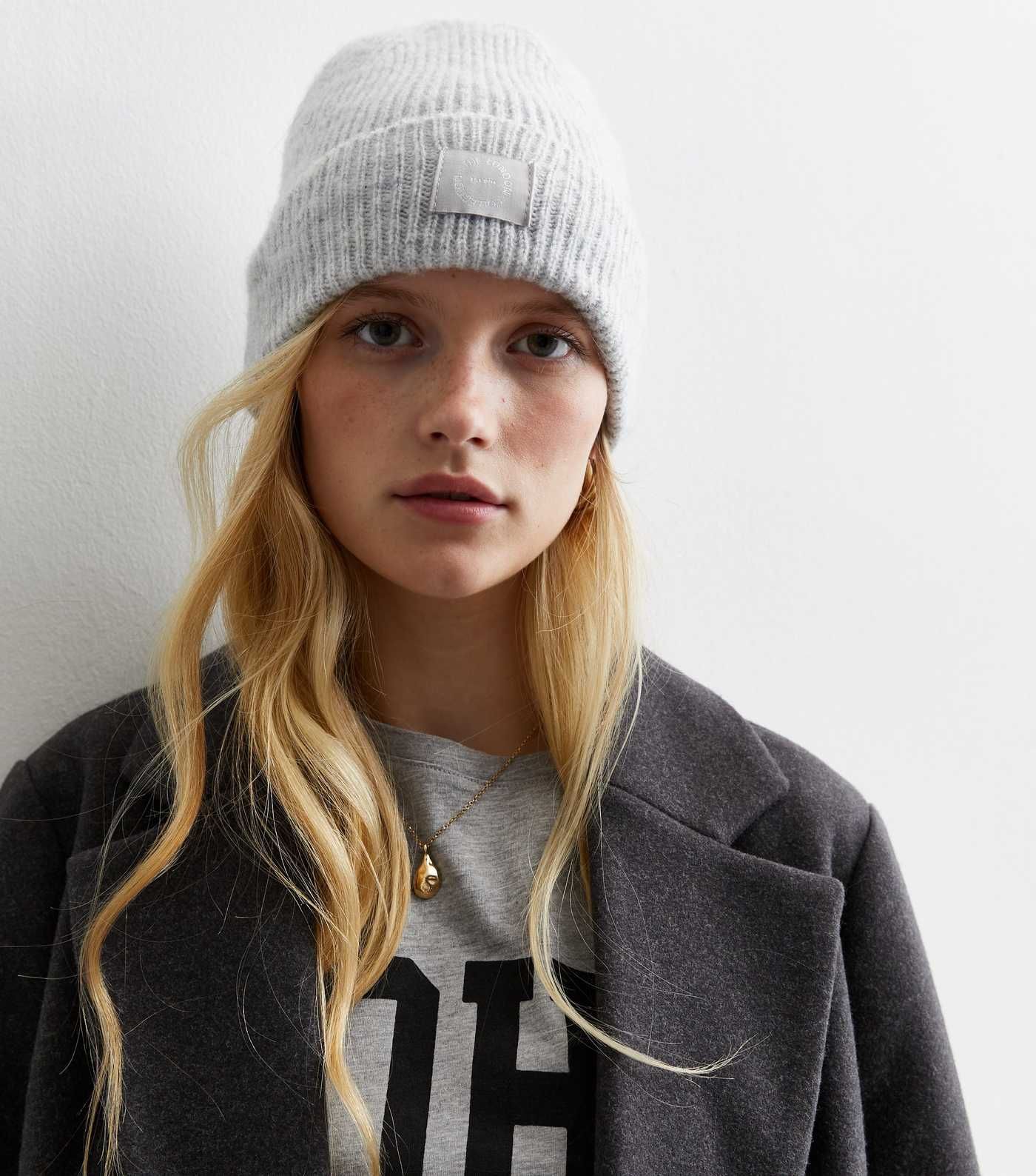 Pale Grey Ribbed Knit Tab Front Beanie | New Look | New Look (UK)