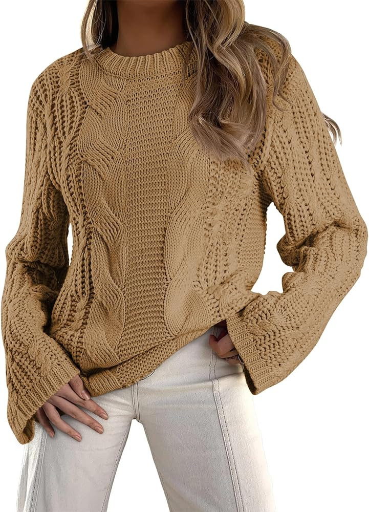 EVALESS Sweaters for Women 2024 Trendy Casual Crewneck Long Sleeve Cable Knit Pullover Sweaters T... | Amazon (US)