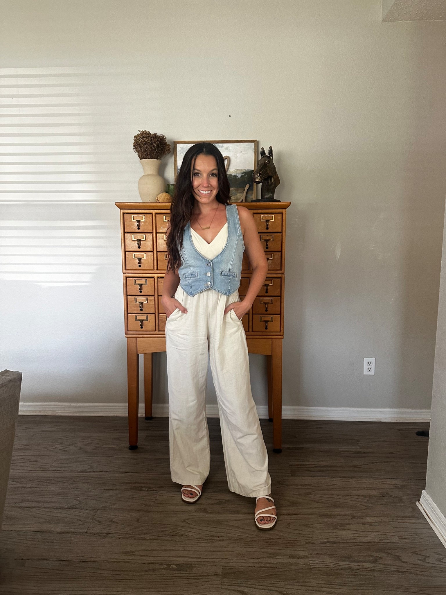Cream jumper 
Blue Jean vest 
White sandals
Church outfit 

#LTKShoeCrush #LTKPetite #LTKStyleTip
