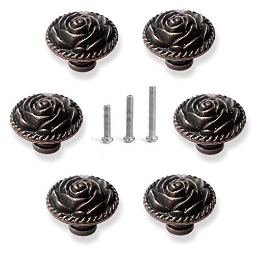 Perphin Vintage Rose Cabinet Knobs, Antique Bronze Cupboard Dresser Door Pull Round Zinc Alloy Knob Flower Drawer Handles with 3 Sized Screws for Furniture Kitchen Cupboard Closet Wardrobe (6 Pack) | Amazon (US)