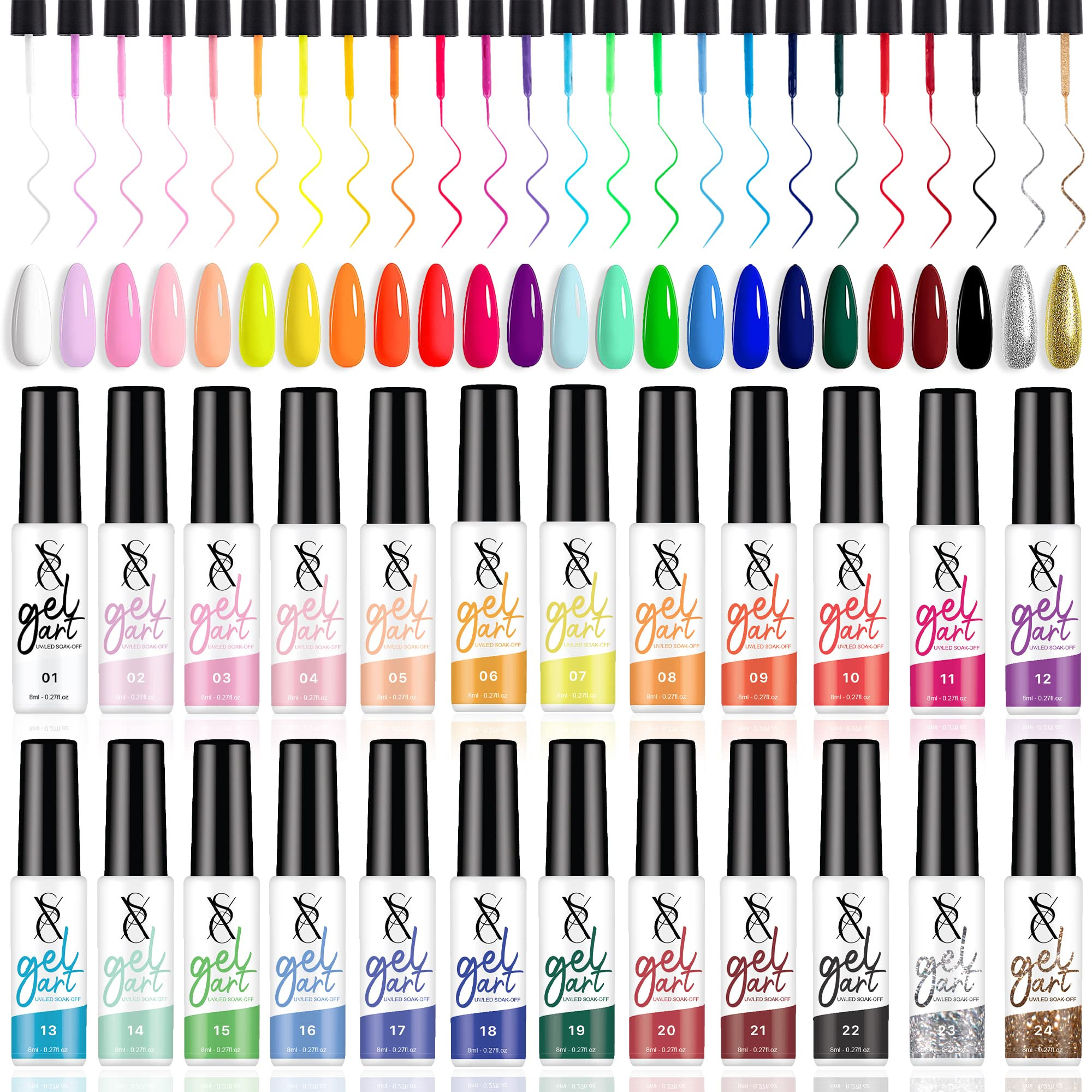 SXC Cosmetics 24-Color Gel Liner Set for Nail Art - With Built-in Thin Brush for Swirl Nail Desig... | Amazon (US)