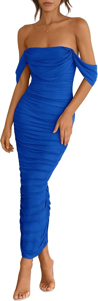 PRETTYGARDEN Womens 2026 Summer Off The Shoulder Dress Ruched Bodycon Sleeveless Split Cocktail P... | Amazon (US)