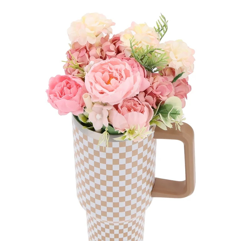 Checkered Tumbler and Artificial Flower Gift Set, Pink, 40 oz, Mother's Day by Way To Celebrate | Walmart (US)