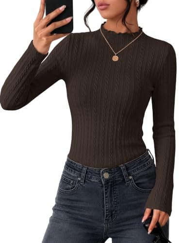 ZESICA Womens Mock Neck Fall Shirts Cable Knit Lightweight Long Sleeve Top | Slim Fit Basic Tee, ... | Amazon (US)