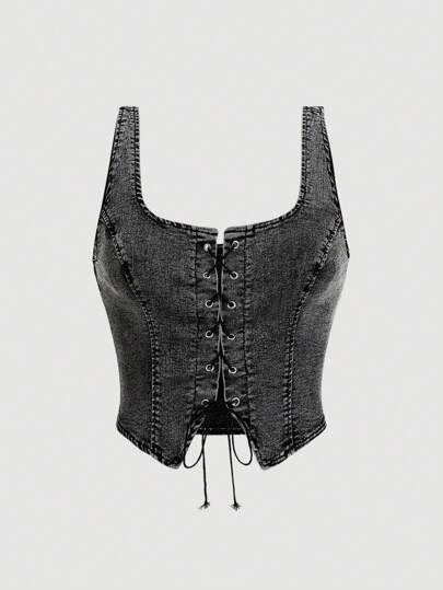SHEIN MOD Plus Size Casual Washed Criss-Cross Strap Sleeveless Denim Blouse | SHEIN